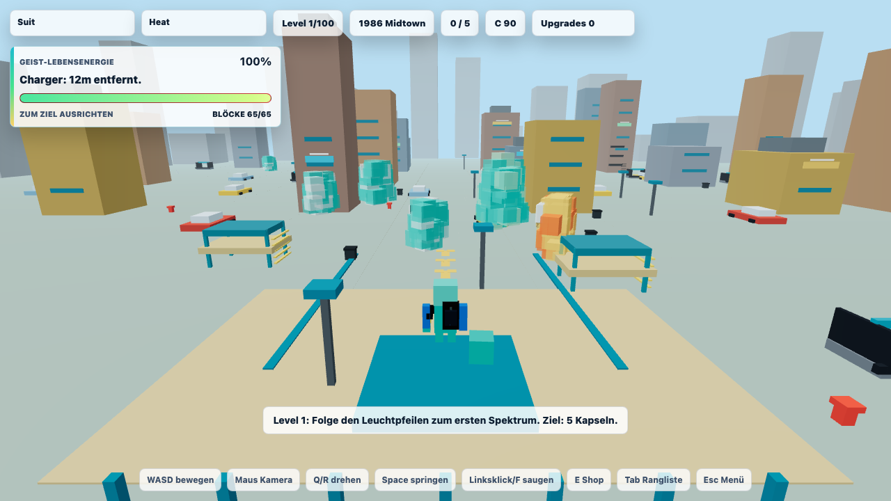 Specter City Vacuum Gameplay: FYRKA saugt Voxel-Geister in einer hellen City-Arena ein.