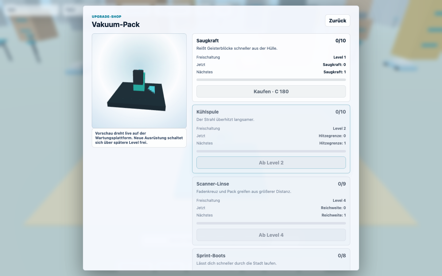 Shop- und Upgrade-Menü von Specter City Vacuum mit Fortschritt und Kosten.